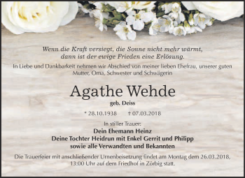 Traueranzeige von Agathe Wehde von WVG - Wochenspiegel Bitterfeld