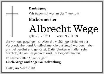 Traueranzeige von Albrecht Wege von Mitteldeutsche Zeitung Halle/Saalkreis