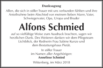 Traueranzeige von Alfons Schmied von Super Sonntag Wittenberg