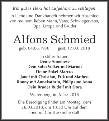 Traueranzeige von Alfons Schmied von Super Sonntag Wittenberg