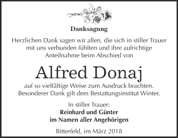 Traueranzeige von Alfred Donaj von WVG - Wochenspiegel Bitterfeld