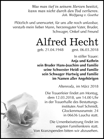 Traueranzeige von Alfred Hecht von Mitteldeutsche Zeitung