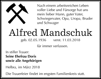 Traueranzeige von Alfred Mandschuk von Mitteldeutsche Zeitung