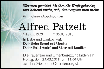 Traueranzeige von Alfred Patzelt von WVG - Wochenspiegel Dessau / Köthen
