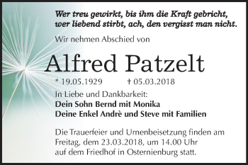 Traueranzeige von Alfred Patzelt von Mitteldeutsche Zeitung Köthen