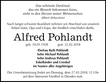 Traueranzeige von Alfred Pohlandt von Mitteldeutsche Zeitung