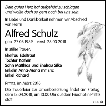 Traueranzeige von Alfred Schulz von Mitteldeutsche Zeitung Weißenfels