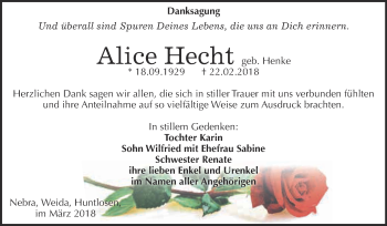 Traueranzeige von Alice Hecht von WVG - Wochenspiegel NMB / WSF / ZTZ