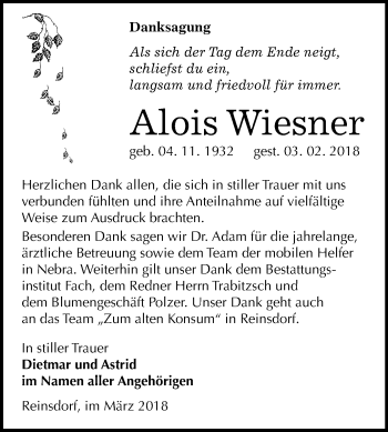 Traueranzeige von Alois Wiesner von Mitteldeutsche Zeitung