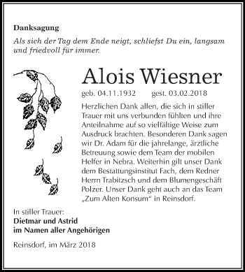 Traueranzeige von Alois Wiesner von WVG - Wochenspiegel Merseburg