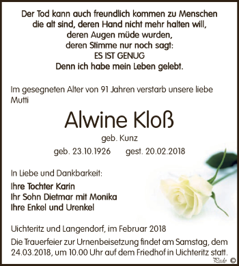 Traueranzeige von Alwine Kloß von WVG - Wochenspiegel NMB / WSF / ZTZ
