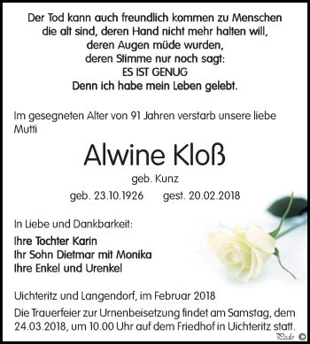 Traueranzeige von Alwine Kloß von Mitteldeutsche Zeitung Weißenfels