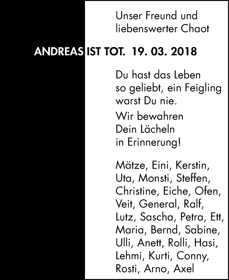  Traueranzeige für Andreas  vom 31.03.2018 aus Mitteldeutsche Zeitung Halle/Saalkreis