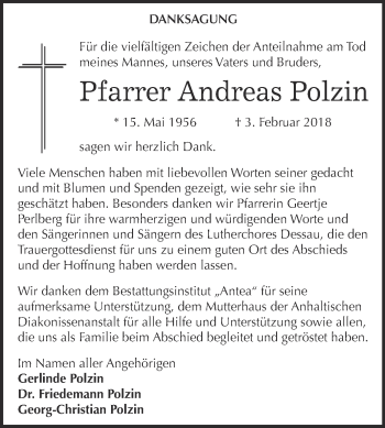 Traueranzeige von Andreas Polzin von WVG - Wochenspiegel Dessau / Köthen