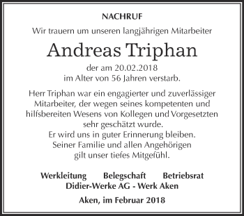 Traueranzeige von Andreas Triphan von WVG - Wochenspiegel Dessau / Köthen