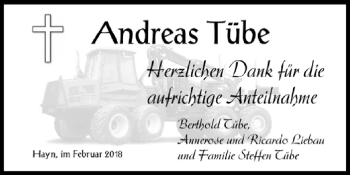 Traueranzeige von Andreas Tübe von WVG - Wochenspiegel Quedlinburg