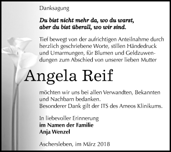 Traueranzeige von Angela Reif von Mitteldeutsche Zeitung Aschersleben