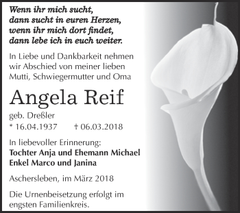 Traueranzeige von Angela Reif von Super Sonntag Aschersleben