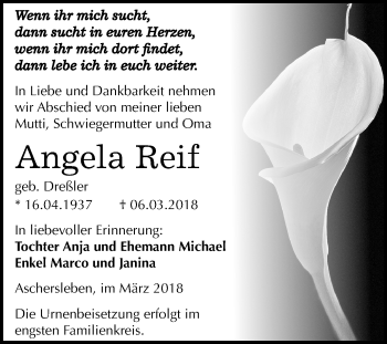 Traueranzeige von Angela Reif von Mitteldeutsche Zeitung Aschersleben