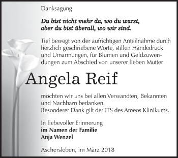 Traueranzeige von Angela Reif von Super Sonntag Aschersleben