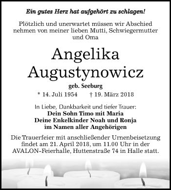 Traueranzeige von Angelika Augustynowicz von Mitteldeutsche Zeitung Halle/Saalkreis