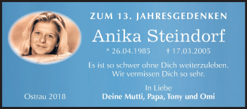 Traueranzeige von Anika Steindorf von Mitteldeutsche Zeitung Halle/Saalkreis