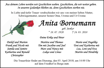 Traueranzeige von Anita Bornemann von Super Sonntag SGH Mansf. Land