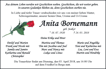 Traueranzeige von Anita Bornemann von Mitteldeutsche Zeitung Sangerhausen