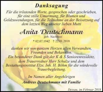 Traueranzeige von Anita Deutschmann von WVG - Wochenspiegel Dessau / Köthen