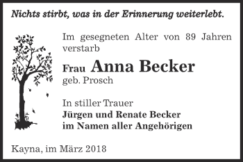 Traueranzeige von Anna Becker von Super Sonntag Zeitz