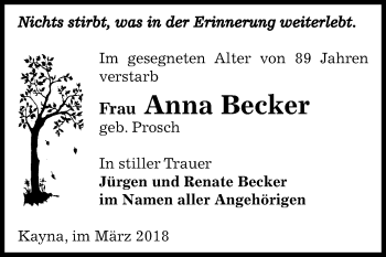 Traueranzeige von Anna Becker von Mitteldeutsche Zeitung Zeitz