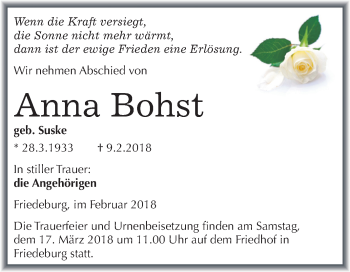 Traueranzeige von Anna Bohst von Mitteldeutsche Zeitung