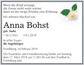 Traueranzeige von Anna Bohst von Wochenspiegel Mansfelder Land