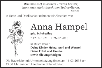 Traueranzeige von Anna Hampel von WVG - Wochenspiegel Bitterfeld