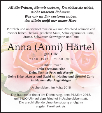 Traueranzeige von Anna Härtel von Mitteldeutsche Zeitung Aschersleben