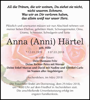 Traueranzeige von Anna Härtel von Super Sonntag Aschersleben