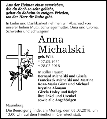 Traueranzeige von Anna Michalski von Mitteldeutsche Zeitung