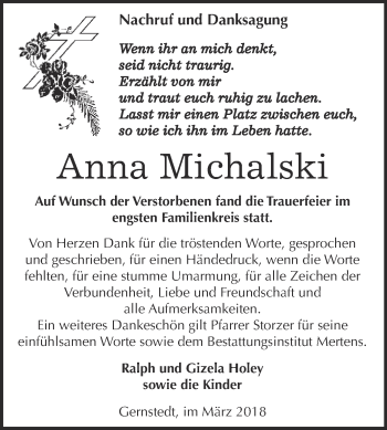Traueranzeige von Anna Michalski von WVG - Wochenspiegel NMB / WSF / ZTZ