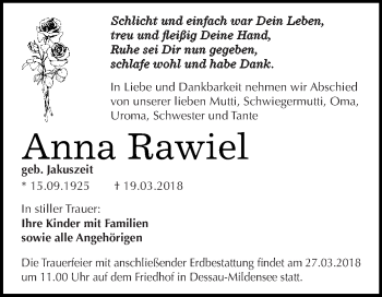 Traueranzeige von Anna Rawiel von WVG - Wochenspiegel Dessau / Köthen