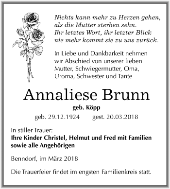 Traueranzeige von Annaliese Brunn von Mitteldeutsche Zeitung