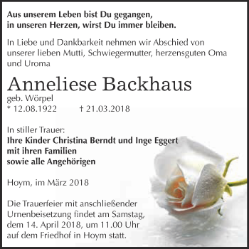 Traueranzeige von Anneliese Backhaus von Super Sonntag Aschersleben