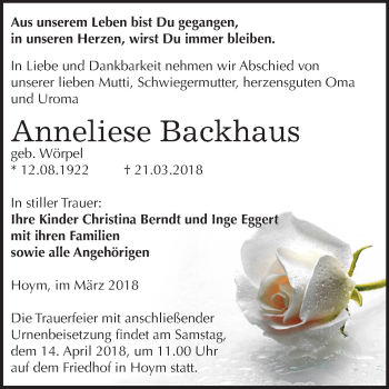 Traueranzeige von Anneliese Backhaus von Mitteldeutsche Zeitung Aschersleben