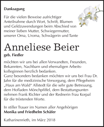 Traueranzeige von Anneliese Beier von Mitteldeutsche Zeitung Sangerhausen