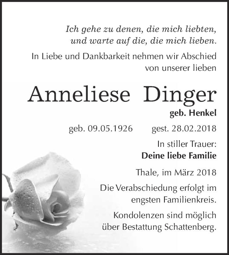  Traueranzeige für Anneliese Dinger vom 03.03.2018 aus Super Sonntag Quedlinburg