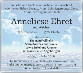 Traueranzeige von Anneliese Ehret von WVG - Wochenspiegel Merseburg