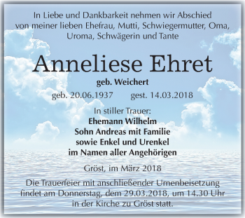 Traueranzeige von Anneliese Ehret von Mitteldeutsche Zeitung Merseburg/Querfurt