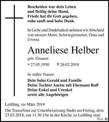 Traueranzeige von Anneliese Helber von Mitteldeutsche Zeitung Weißenfels