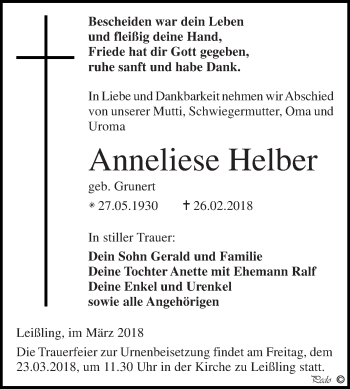 Traueranzeige von Anneliese Helber von WVG - Wochenspiegel NMB / WSF / ZTZ
