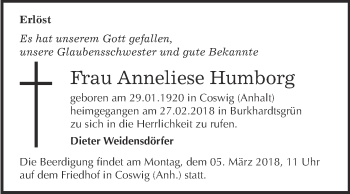 Traueranzeige von Anneliese Humborg von Super Sonntag Wittenberg