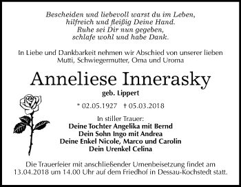 Traueranzeige von Anneliese Innerasky von Mitteldeutsche Zeitung Dessau-Roßlau
